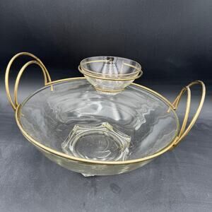 Vintage Jeanette Glass & Brass Serving Chip and Dip Bowl 1950s